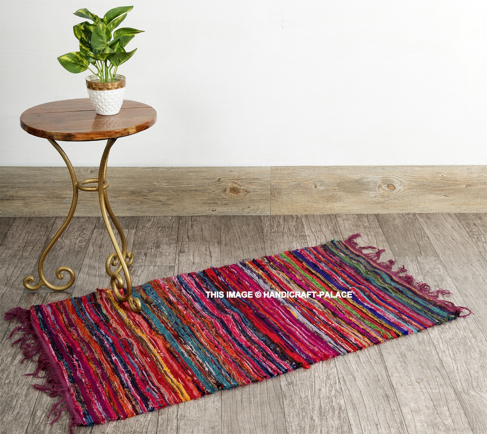 Indian Hand Made Bohemian Cotton Chindi Area Rug in Maroon Multi Yoga Mat 2X3 FT
