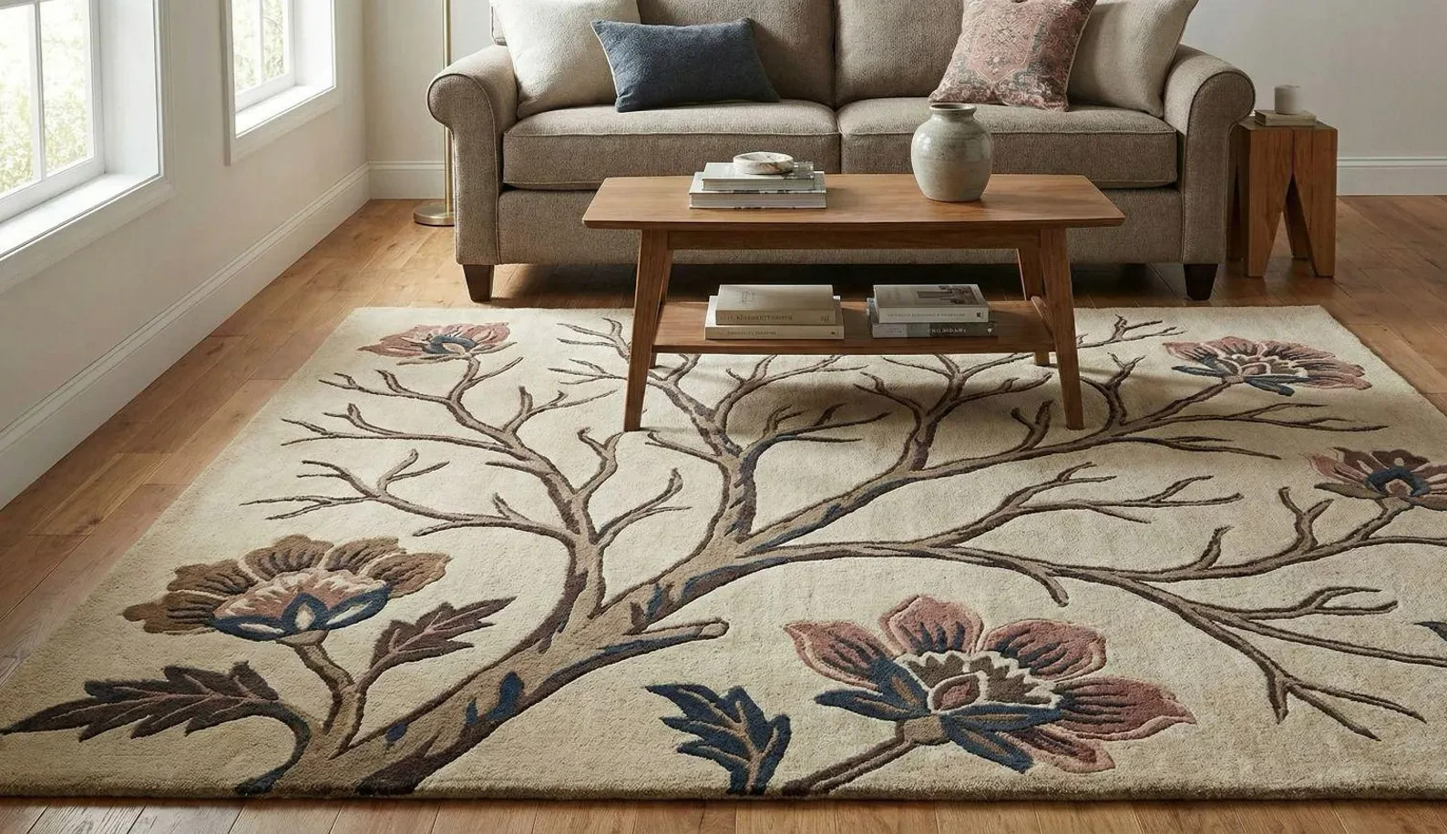Hand Tufted Floral Tree Wool Rug – Beige Botanical Area Carpet for Living Room,