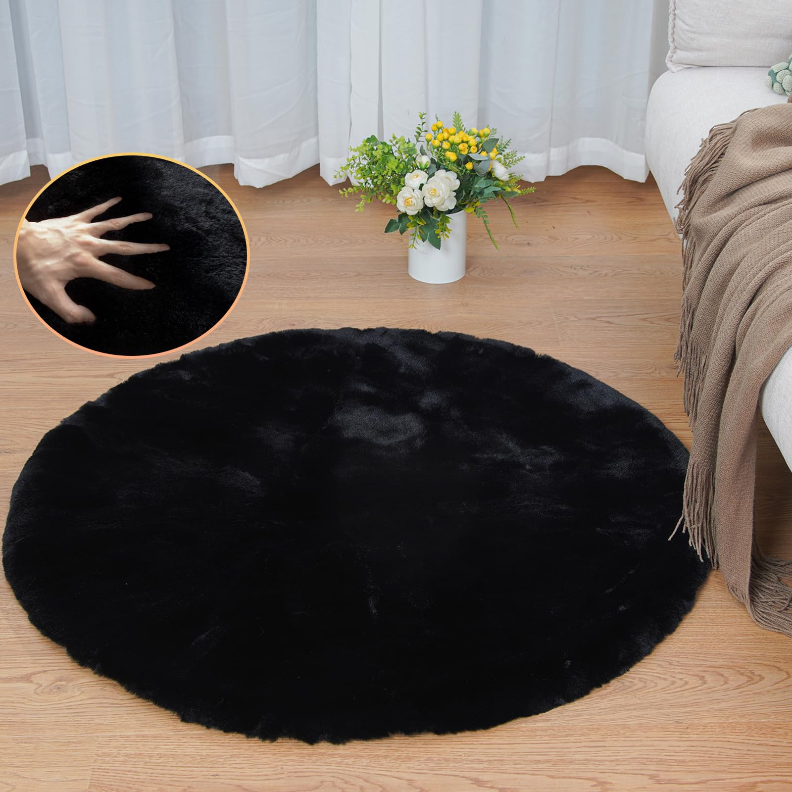 Black Rabbit Shaggy Fur Rug for Bedroom Washable Furry Circle Area Rugs for L…
