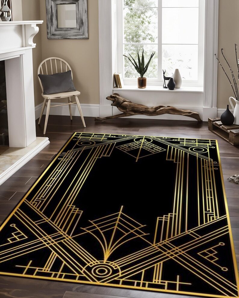 Art Deco Rug, Geometric Carpet, Luxury Black Gold Rug, Modern Floor Decor, Glam