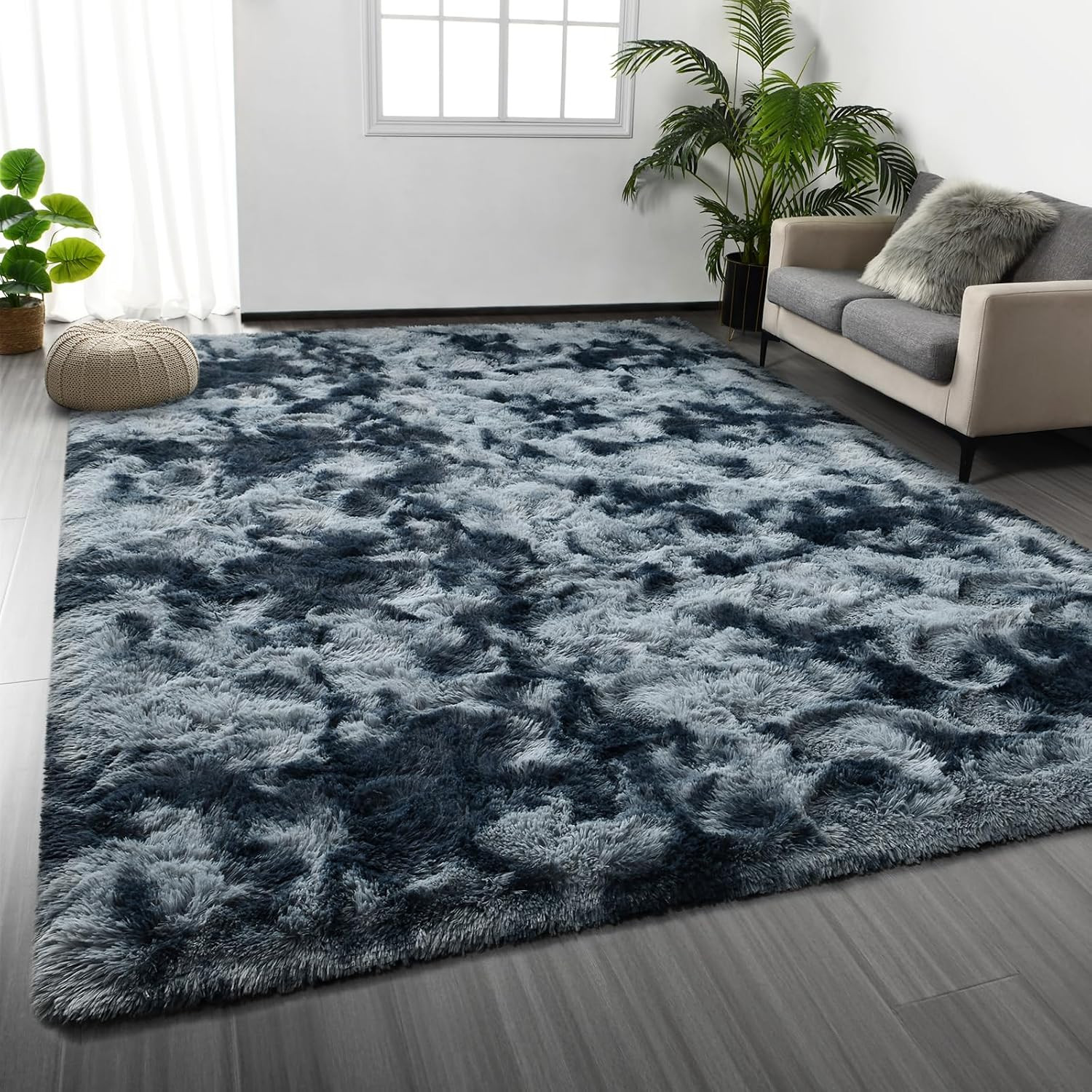 Large Shag Area Rugs 8 X 10, Tie-Dyed Plush Fuzzy Rugs, Blue and Grey