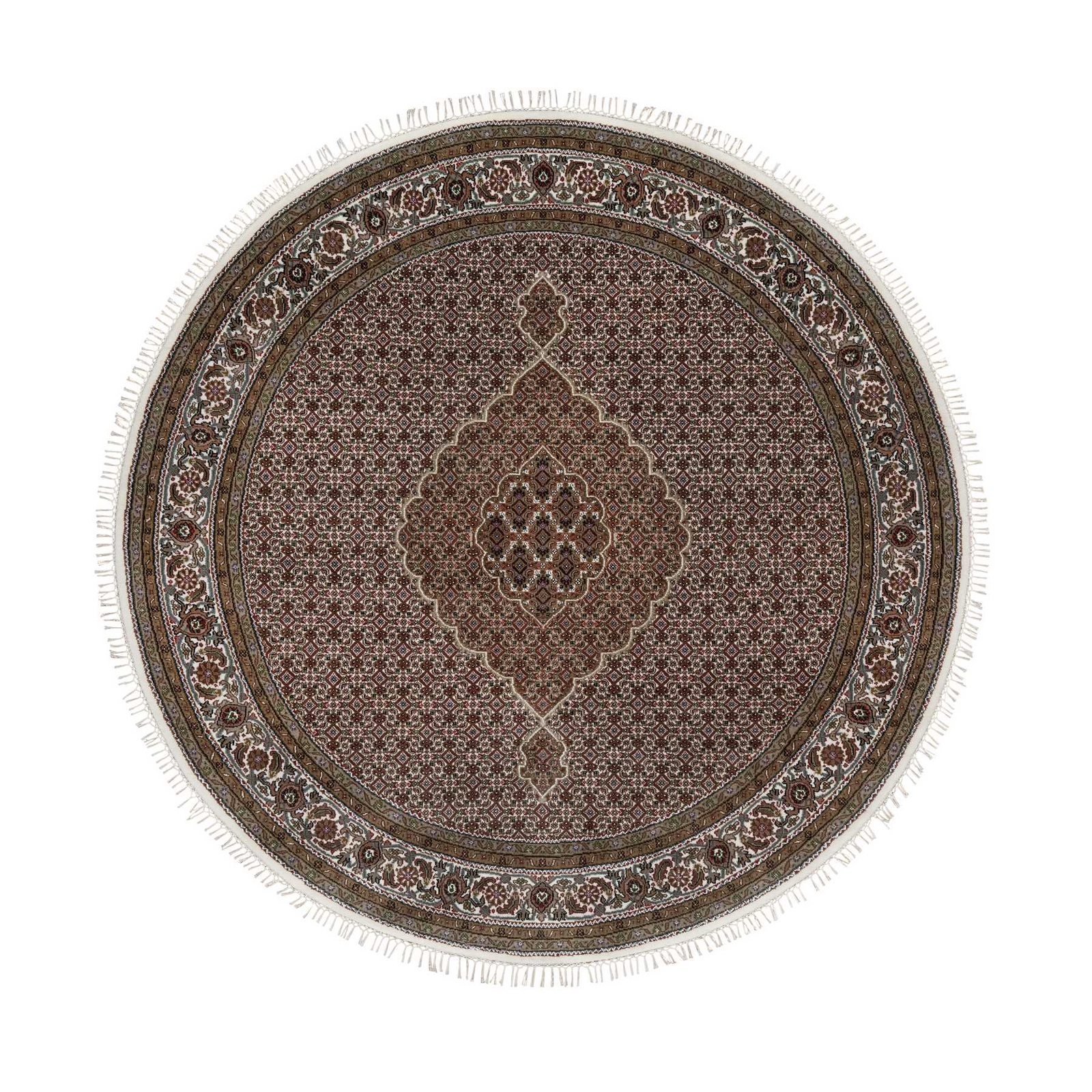 7’6″x7’6″ White Tebraz Mahi with Fish Design Hand Knotted Wool Round Rug R91042