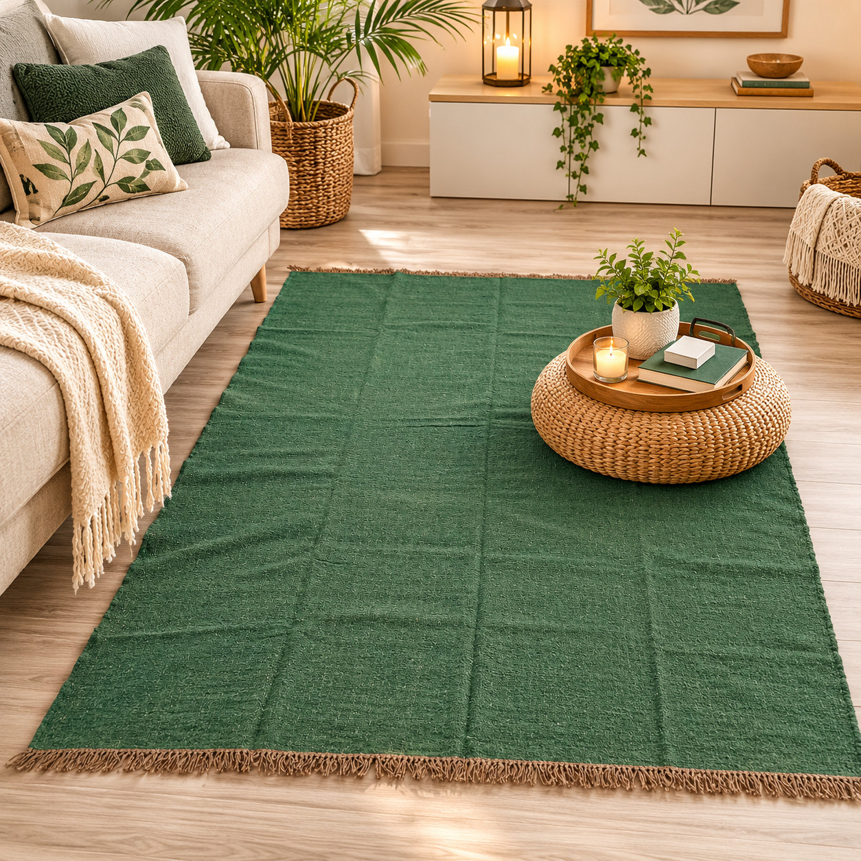 Handmade Rugs and Carpet Green Color Reversible Modern Wool Rug Living Room Mat