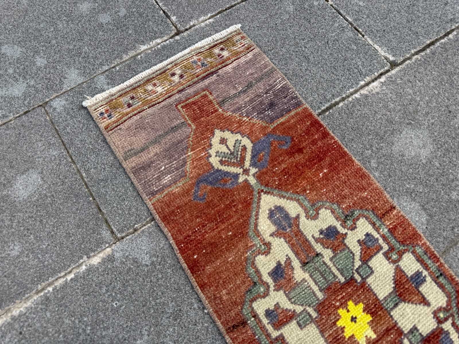 Small Vintage Turkish Rug 1.1×3.3 ft Terracotta Yellow Long Kitchen Entry Mat