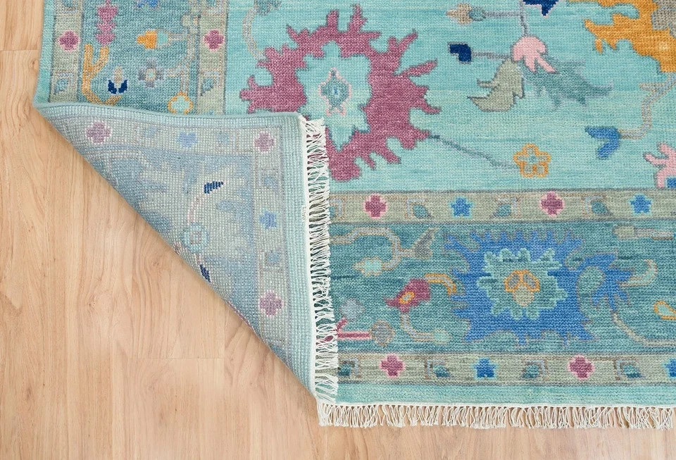 Hand Knotted Oushak Rug Aqua Blue Wool Area Rug Turkish Carpet