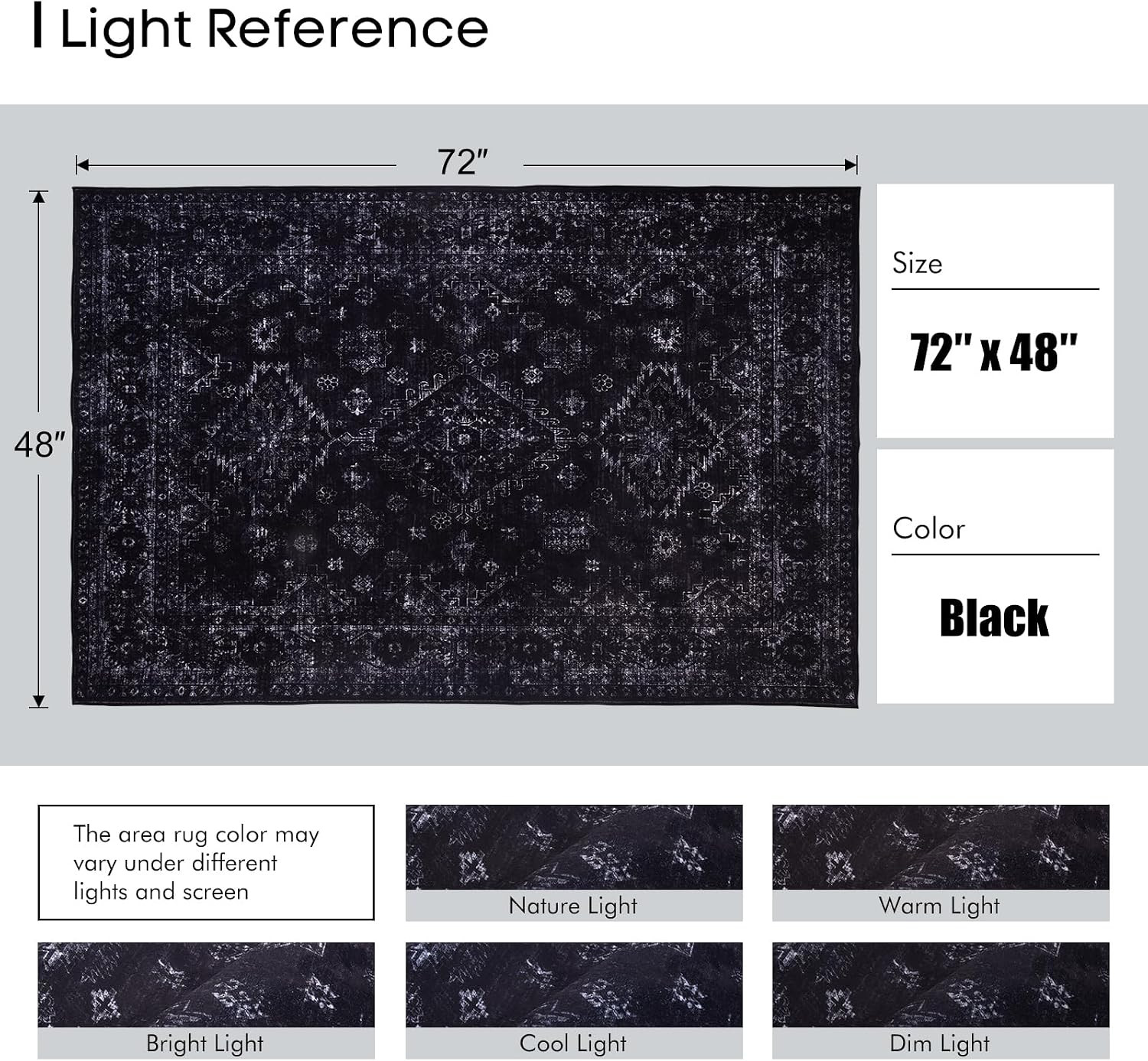 4X6 Area Rug, Vintage Machine Washable Rugs for Living Room, Non-Slip,Black | Fa