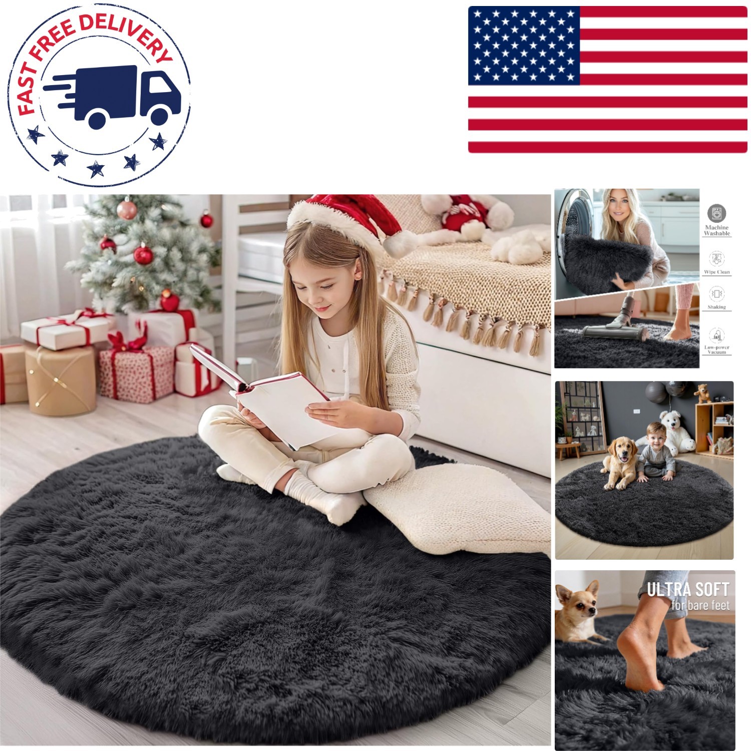 4 ft Modern Black Round Rug – Non-Slip, Soft Shag for Living Room & Nursery