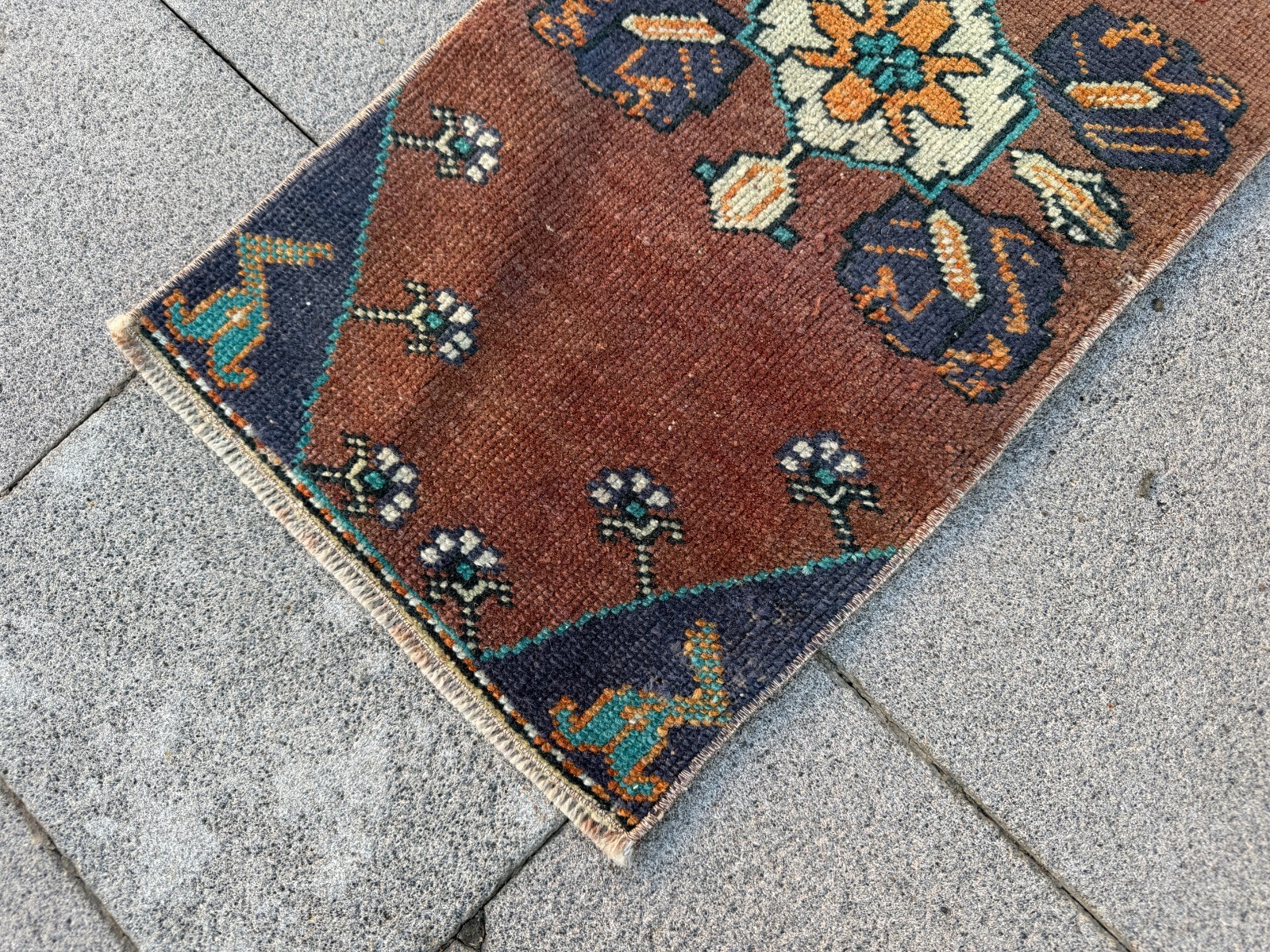 Vintage Brown Turkish Rug 1.1×2.4 Ft Tribal Wool Mat Navy Turquoise Hand Knotted