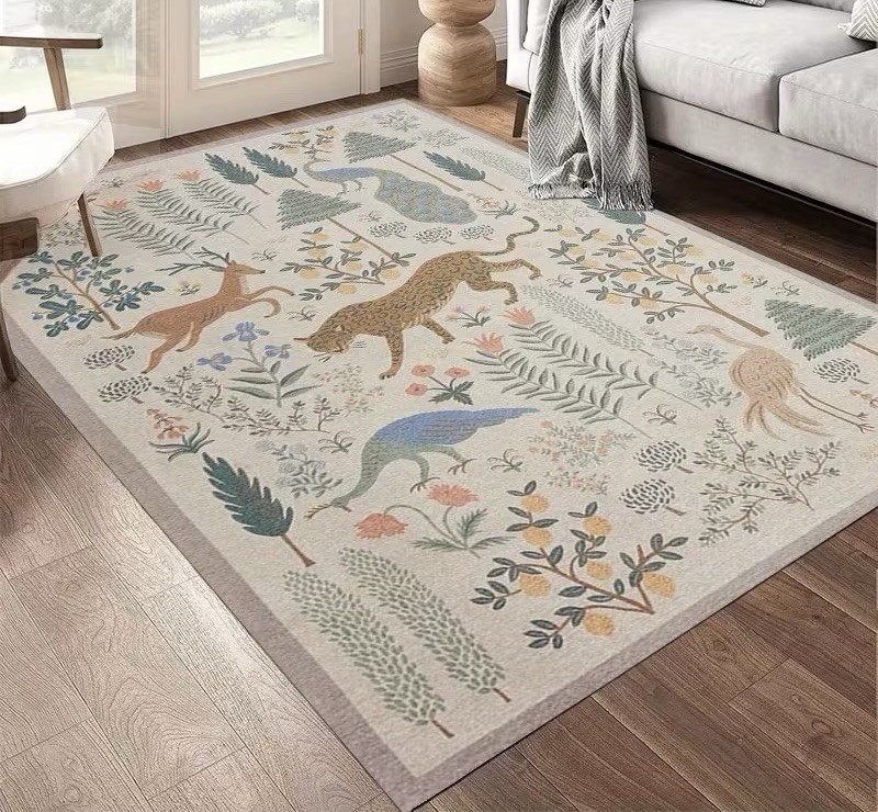 Stunning Bliss Woodland Animal Botanical Jungle Indoor Area Rug 6’8” x 10’ Cream