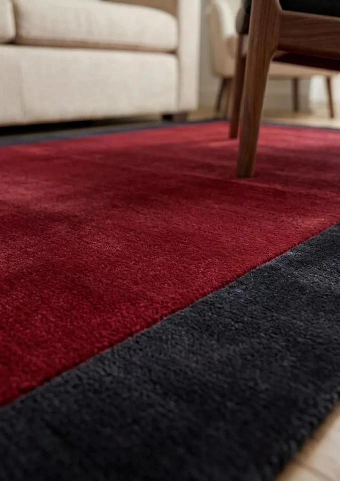 Hand Tufted Wool Rug, Red Black Minimalist Scandinavian Abstract Carpet