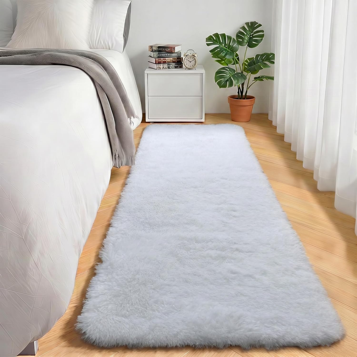 White Runner Rugs for Bedroom Living Room, Luxury Bedside Fluffy Area