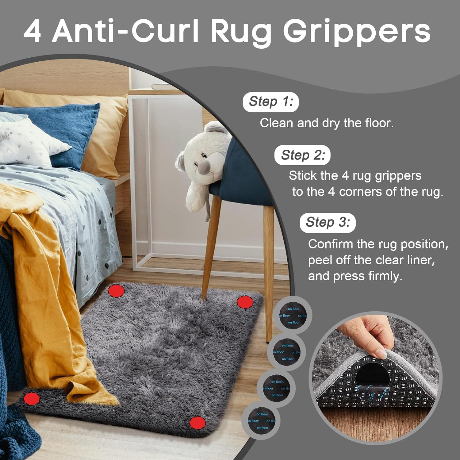 Small Rug Upgrade Non Slip Throw Bedside Area Rugs, Fluffy Soft Grey Mini Bedroo