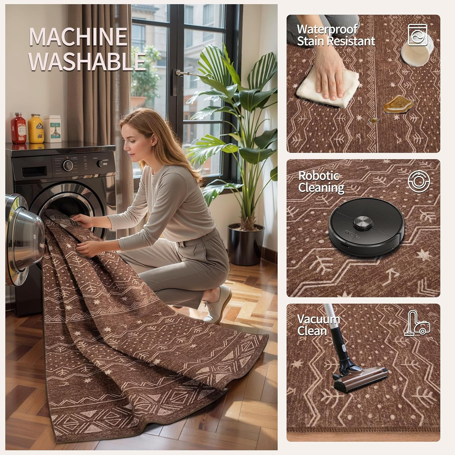 6X9 Area Rugs for Living Room, Washable Non-Slip Coffee Brown Boho Rug, Soft Low