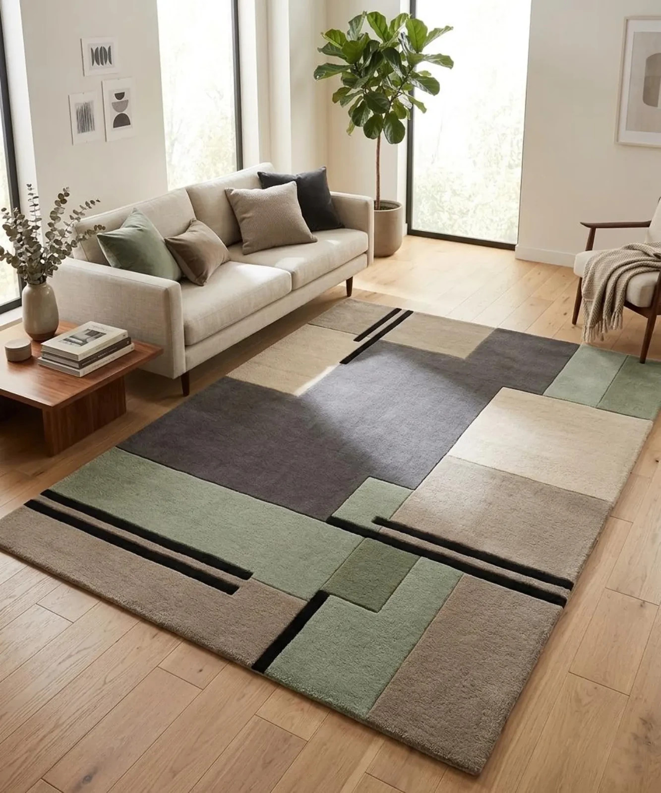 Hand Tufted Wool Area Rug, Modern Abstract Block Design, Beige Sage Green Carpet