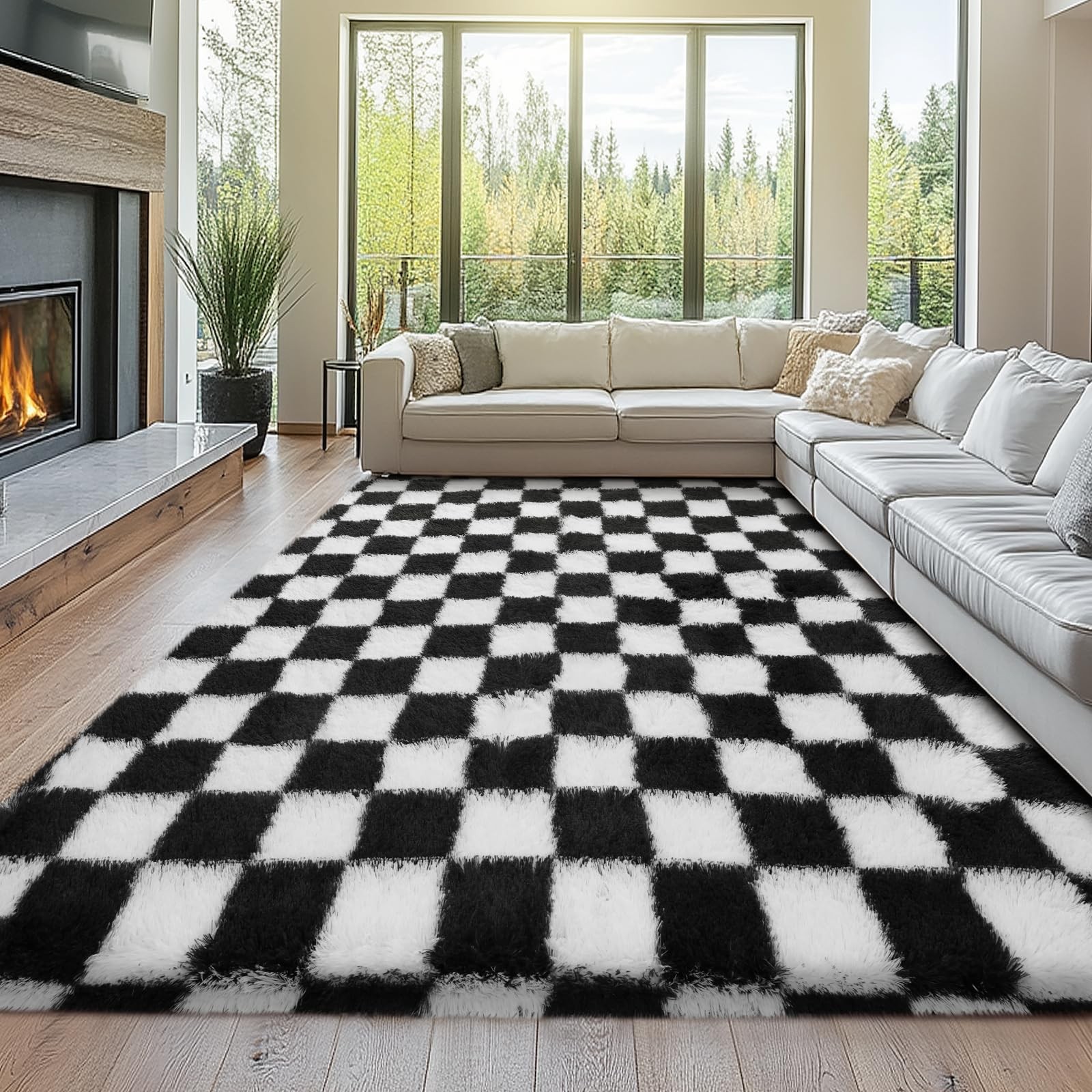 8×10 Area Rugs for Living Room: Black and White Checkered Rug