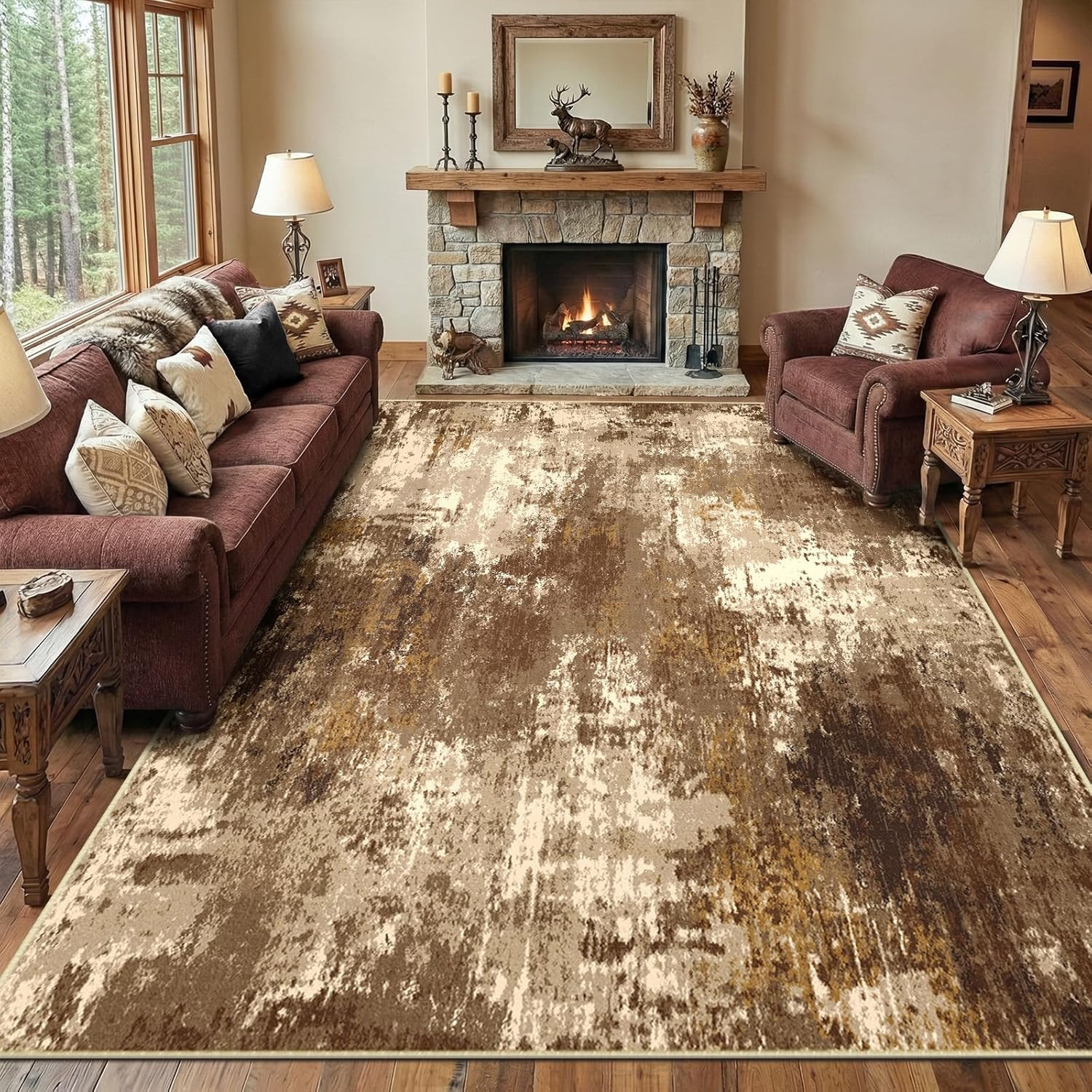 Non-Slip Washable Area Rug 8’X10′ Modern Abstract Brown Tan for Living Room