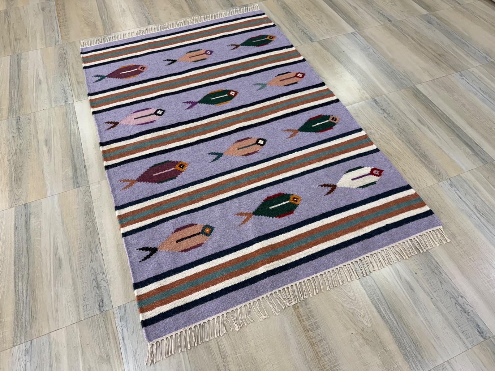 Hand Woven Wool Rug 4×6 Lavender Flatweave Scandinavian Folk Art Kilim for Kids