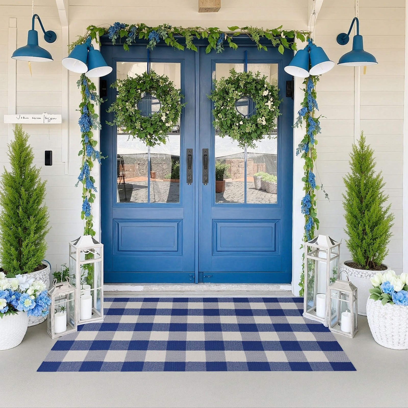 Buffalo Plaid Outdoor Rug 3×5 Ft Blue and White Checkered Area Rug Washable D…