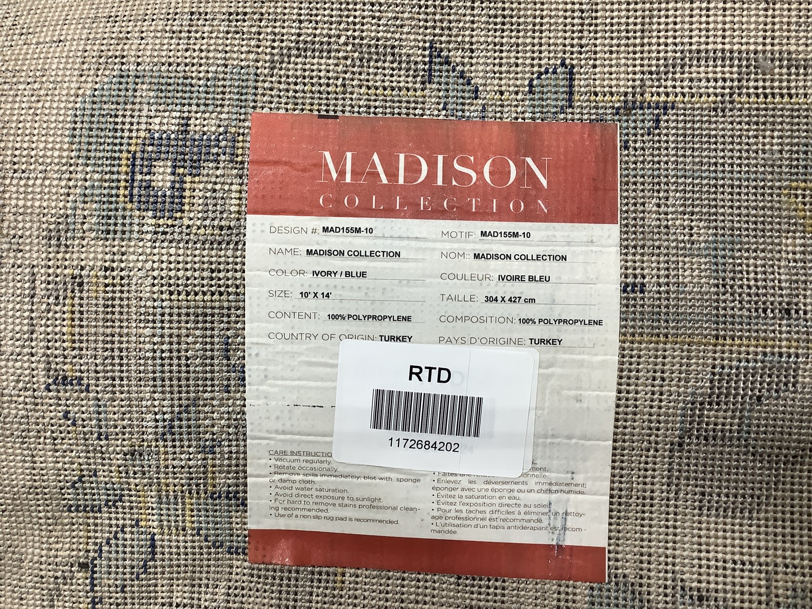 IVORY / BLUE 10′-0″ x 14′-0″ Back Stain Rug, Reduced Price 1172684202 MAD155M-10