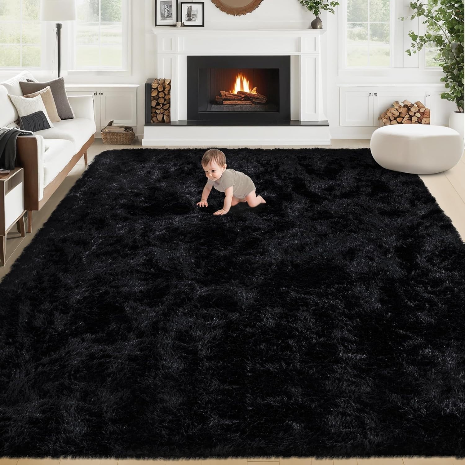 Large Area Rug 8×10 Black Soft Fluffy Shag Non Slip Carpet for Living Bedroom