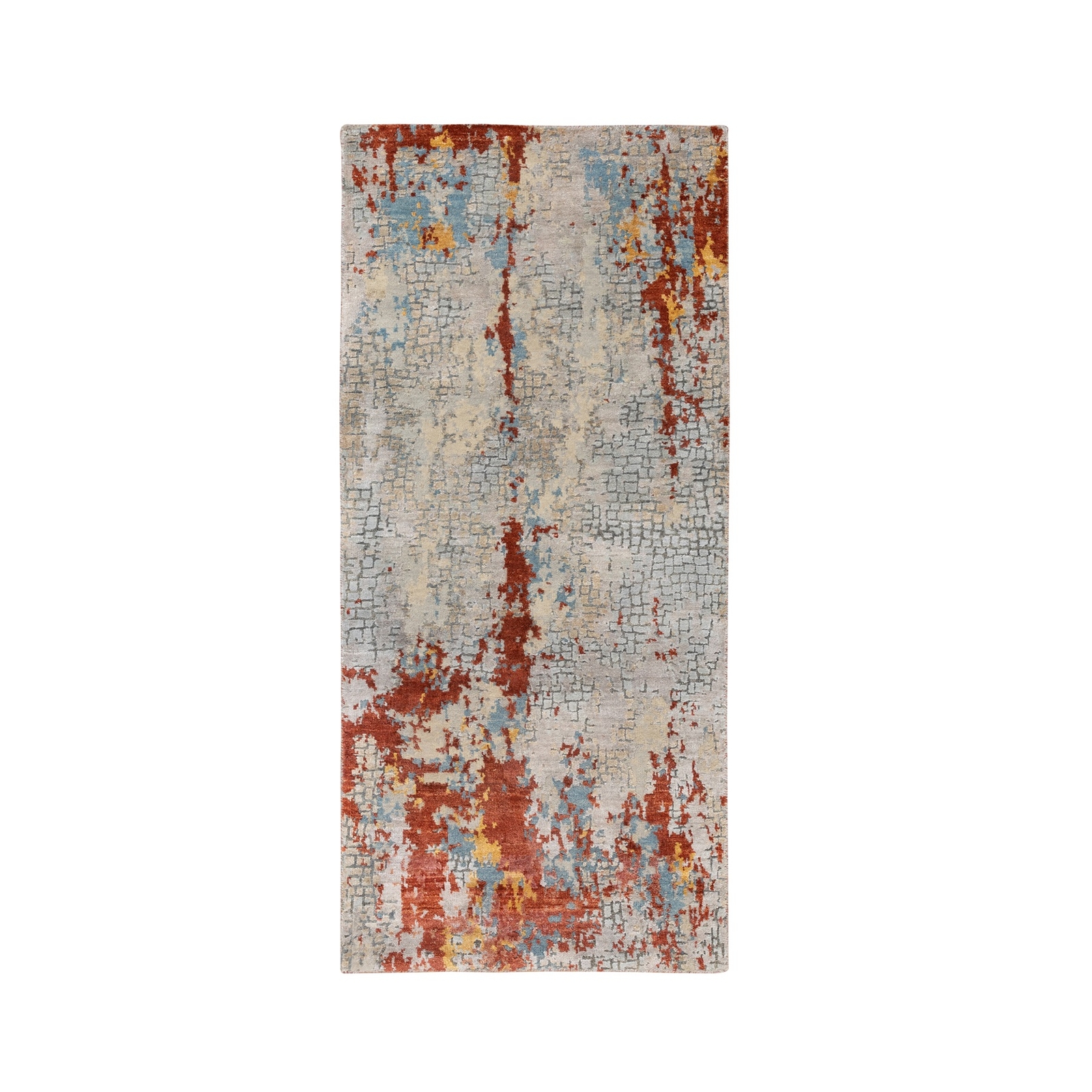 2’6″x5’10” Wool and Silk Abstract Fire Mosaic Design Hand Knotted Rug R62111