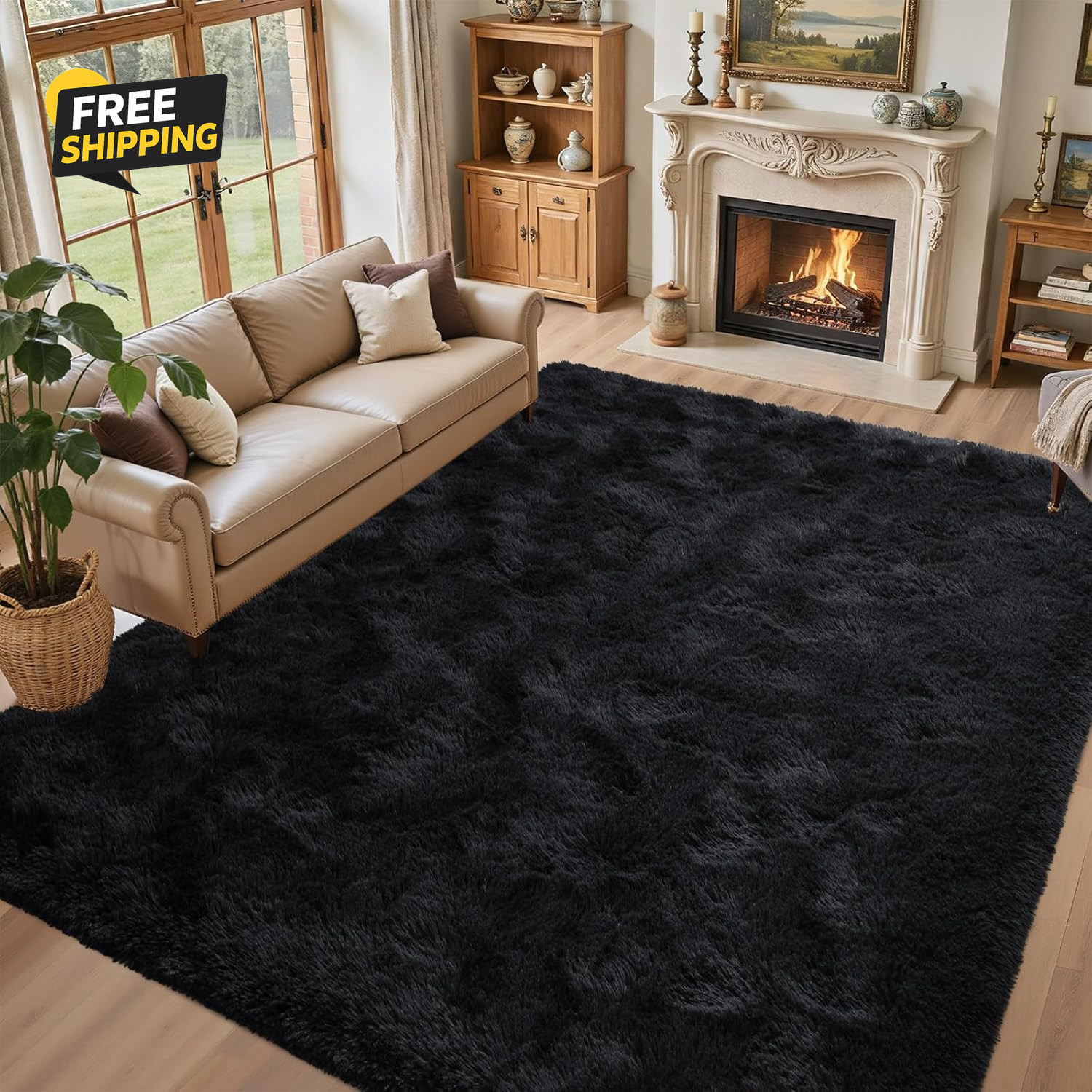 5X7 Black Area Rugs for Living Room, Large Fluffy Shag Bedroom Rugs Non-Slip