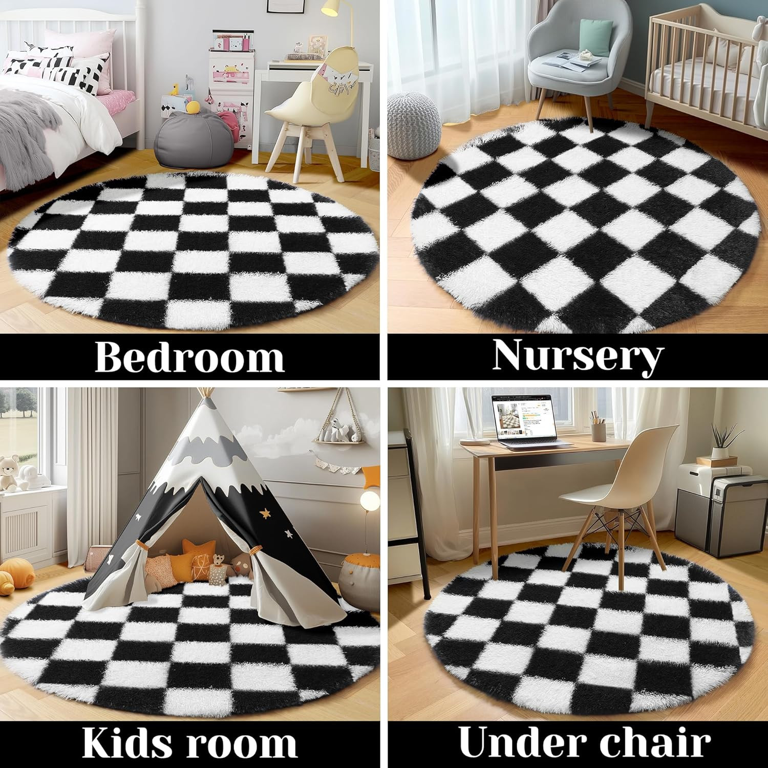 Round Rug 4ft for Bedroom, Black and White Fluffy Soft Circle Area Rug Small Fuz