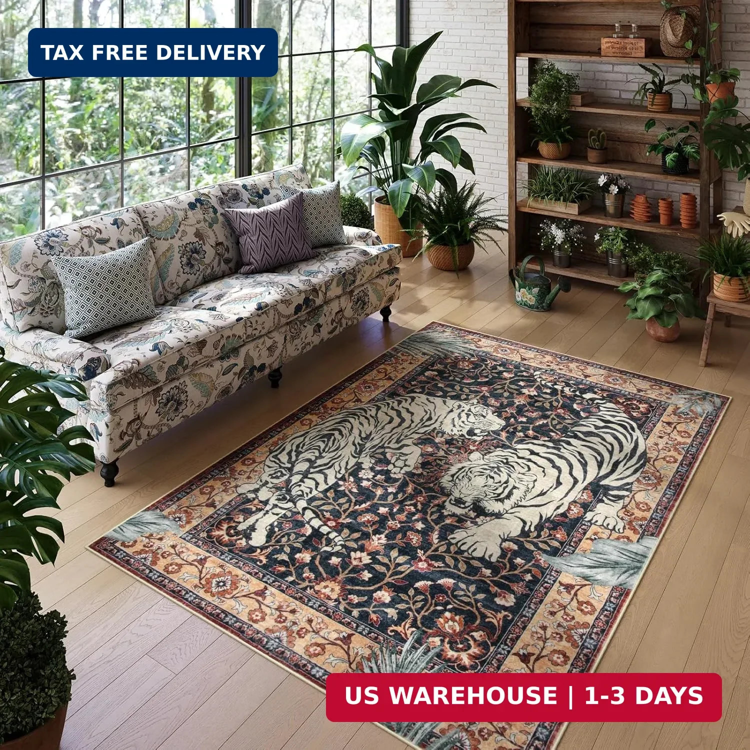 Moynesa Tiger Washable Area Rugs for Living Room, 5×7 Vintage Soft Rug for Bedro