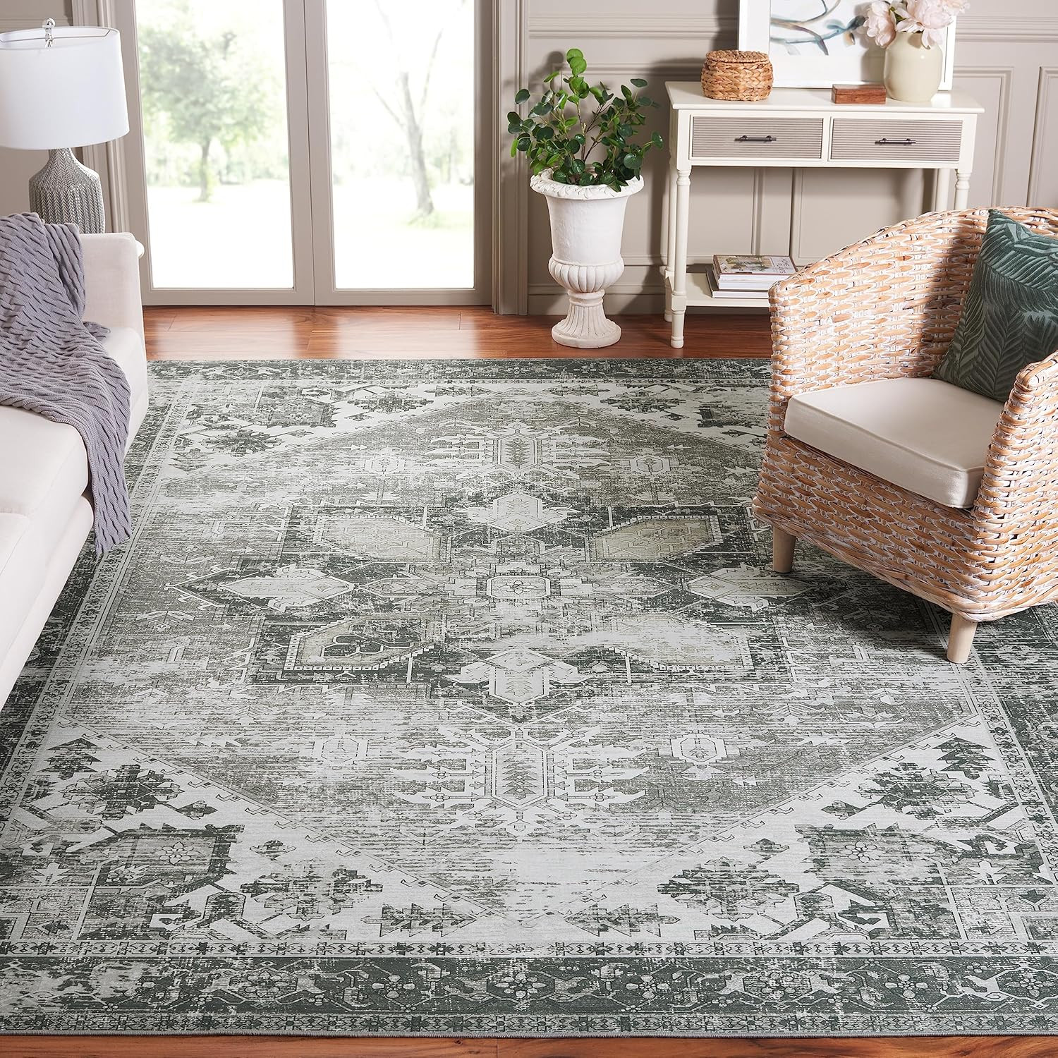 Tucson Washable 8′ Square Rug – Dark Sage & Ivory, Slip Resistant Design