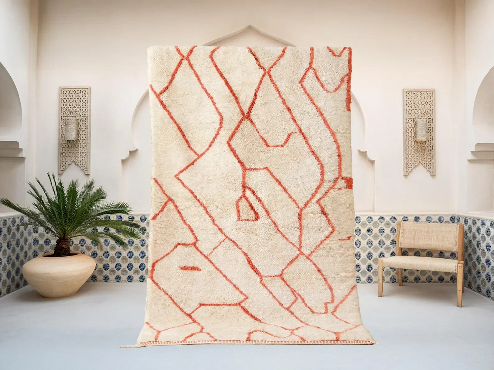 Handwoven Moroccan Berber Beni Ourain Wool Rug Color Cream & Orange Carpet Rug