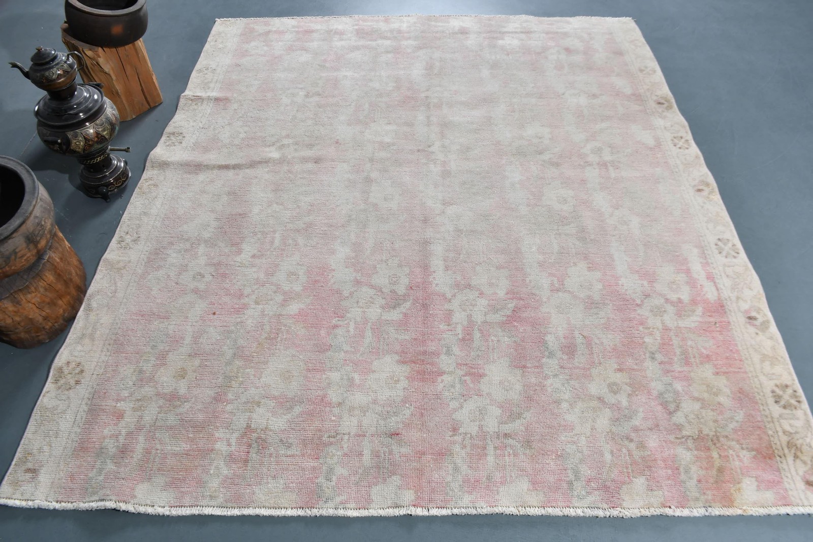 5,9×6,8 ft Large Vintage Rug, Turkish Rug, Pink White Check Wool Rug