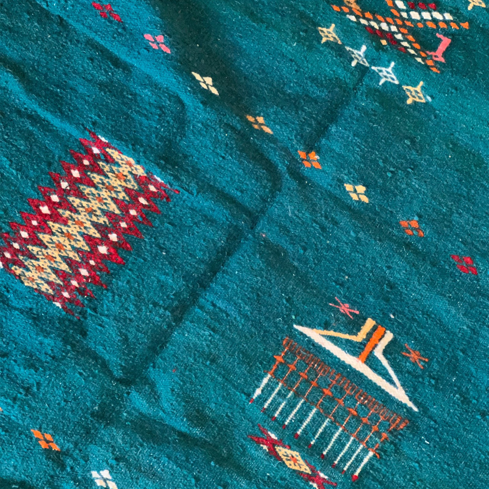 Algerian Traditional Berber Rug for bed room – Teal & white, red Orange colors