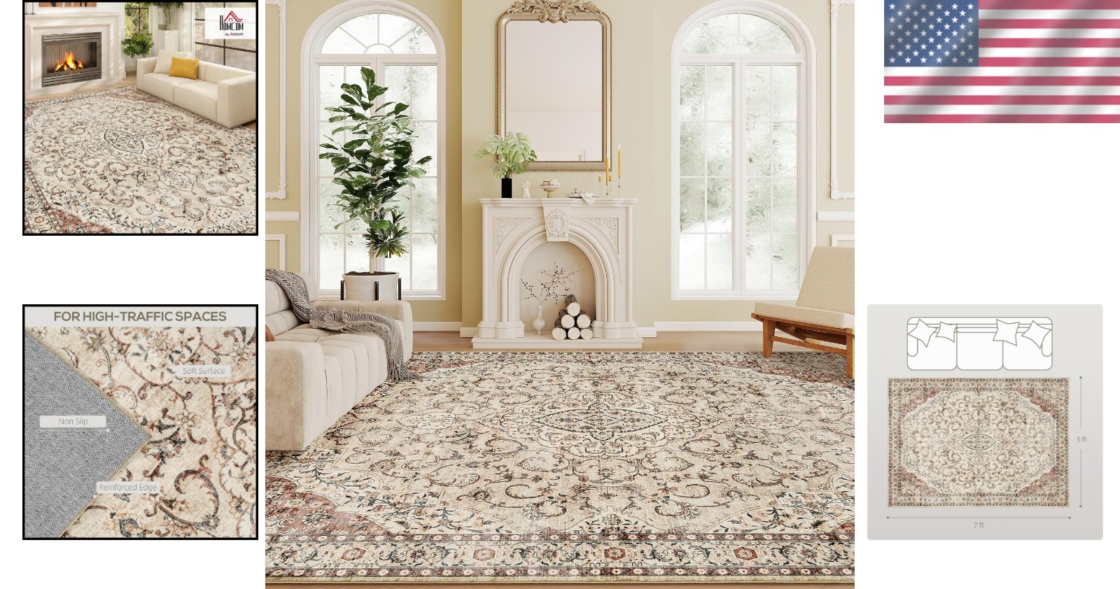 Cozy Low Pile 5′ x 7′ Area Rug – Non-Slip & Floral Vintage Bohemian Style