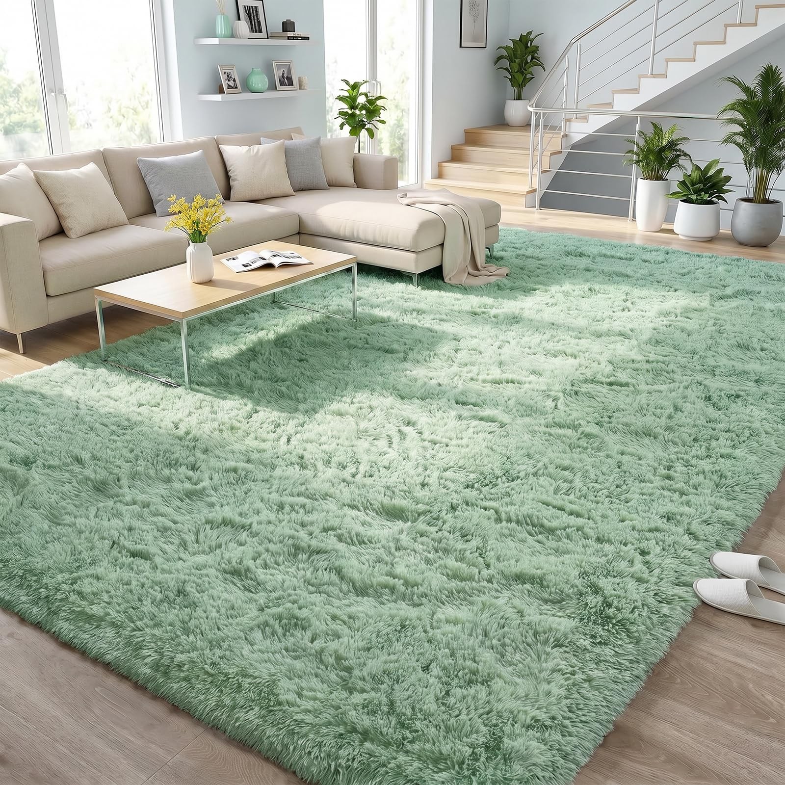 Fluffy Sage Green Rugs for Bedroom Living Room, 3×5 Feet Soft Plush Shaggy Li…