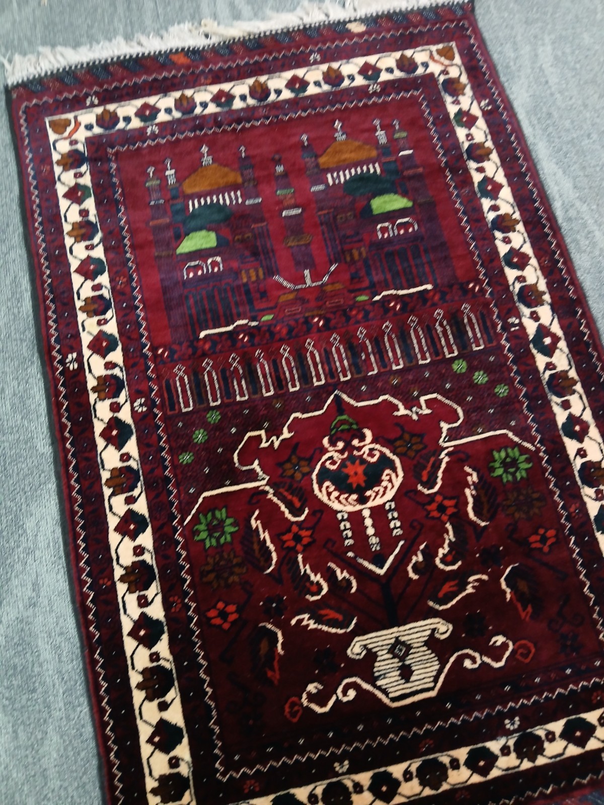 3×5 XL Handmade High-quality Soft Prayer Rug, Rare Red Muslim Prayer Area Rug.