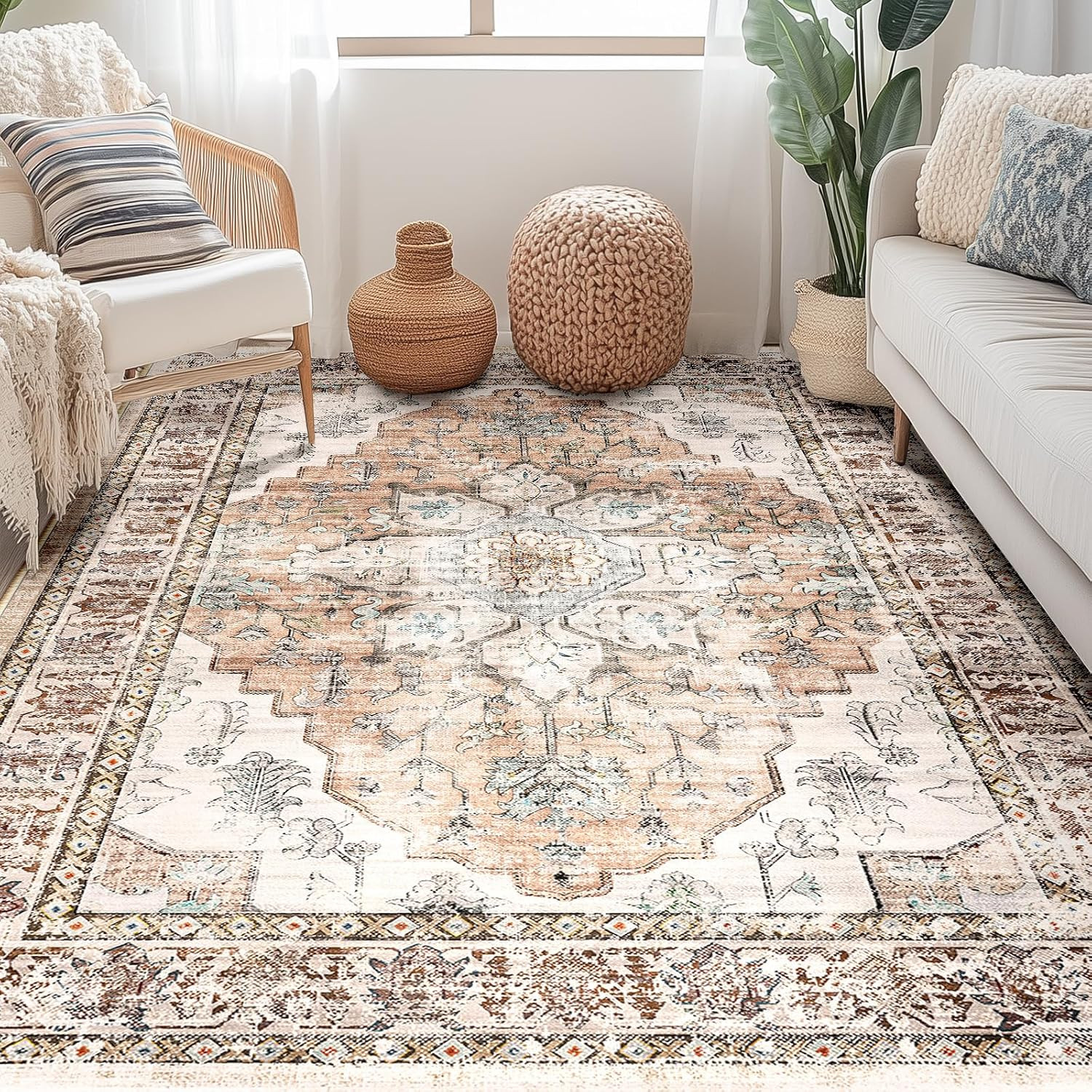 8X10 Area Rug Washable Rugs for Living Room, No Pile Boho Carpet for Entryway Be