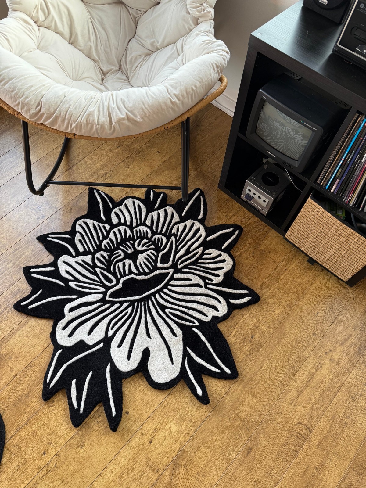 Peony Tattoo Rug Black White Tufted Wool Floral Area Rug Gothic