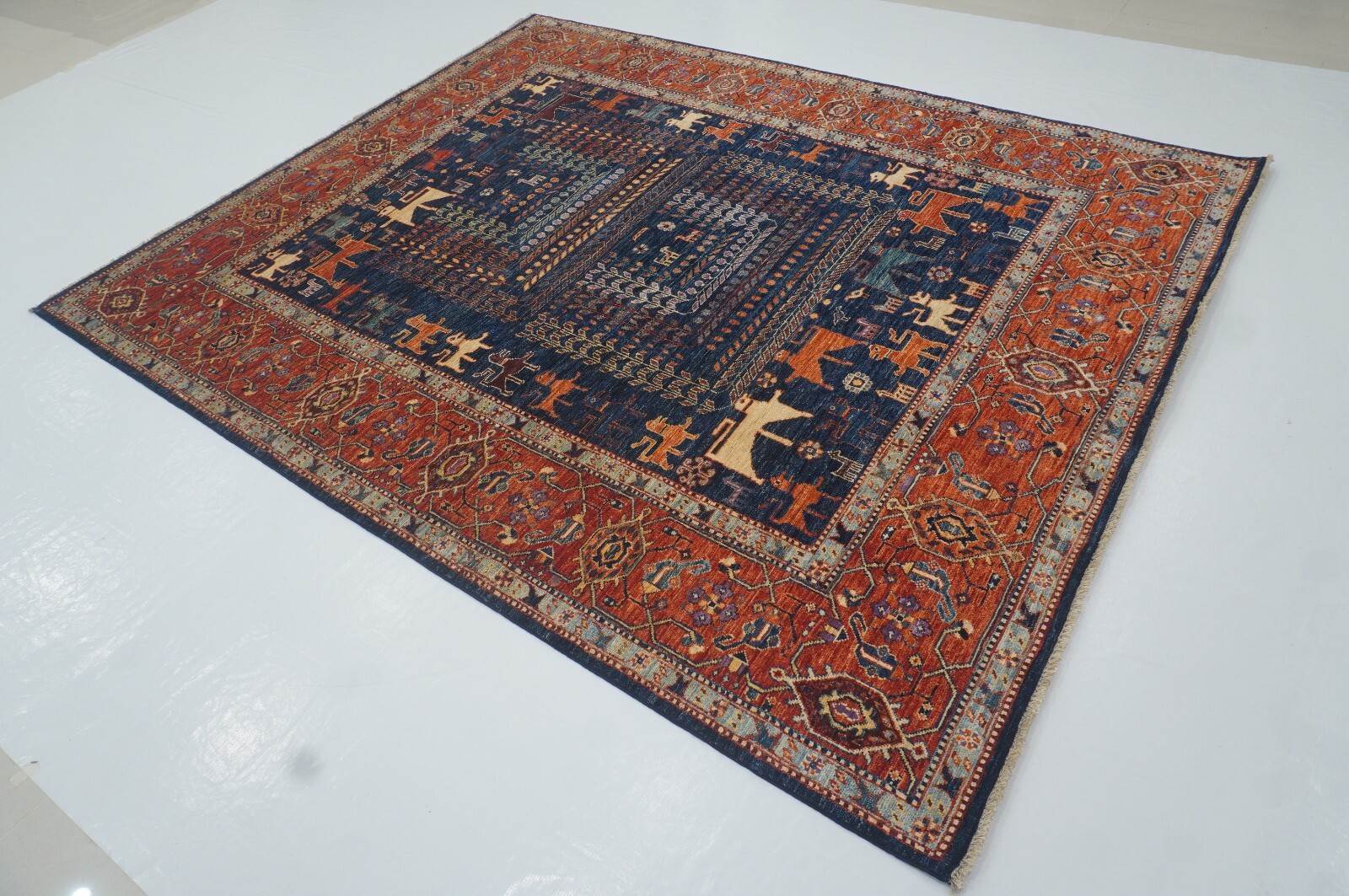 7 x 8 ft Navy Blue Gabbeh Tribal Afghan Hand Knotted Veg dye Wool Area Rug