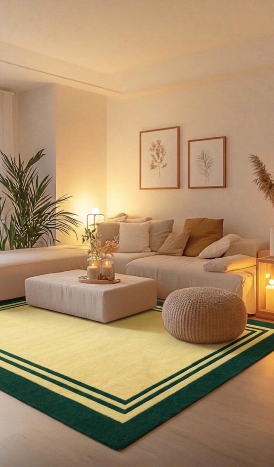 Hand Tufted Wool Rug Forest Green, Pale Yellow Bordered Carpet Modern Minimalist