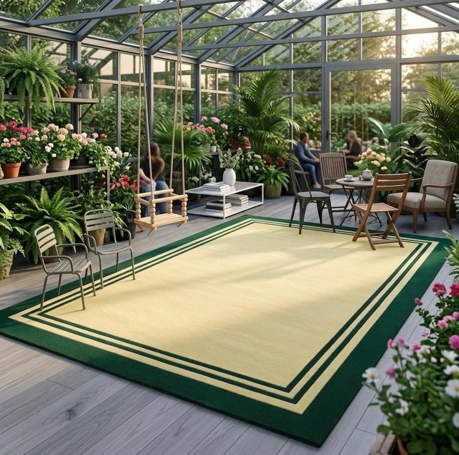 Hand Tufted Wool Rug Forest Green, Pale Yellow Bordered Carpet Modern Minimalist