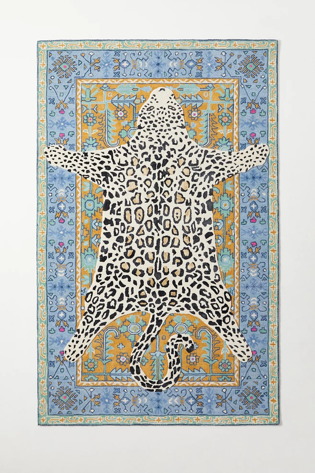 5×8 ft Leopard Octavia Tufted Wool Rug Animal Print Blue Border Boho Design