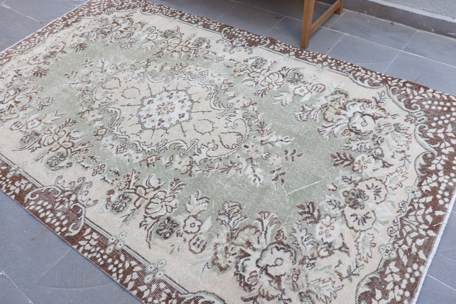 5,2×8,8 ft Large Vintage Rug, Turkish Rug, Brown White Floral Wool Rug