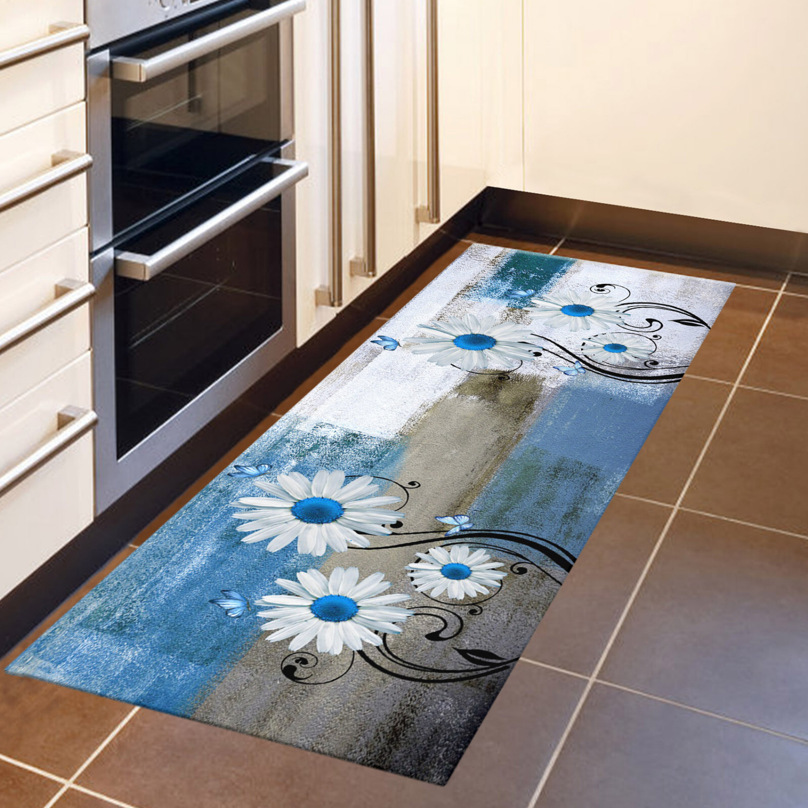 Grey and White Geometric Blue Daisy Floral Kitchen Mats for Floor Washable Rugs