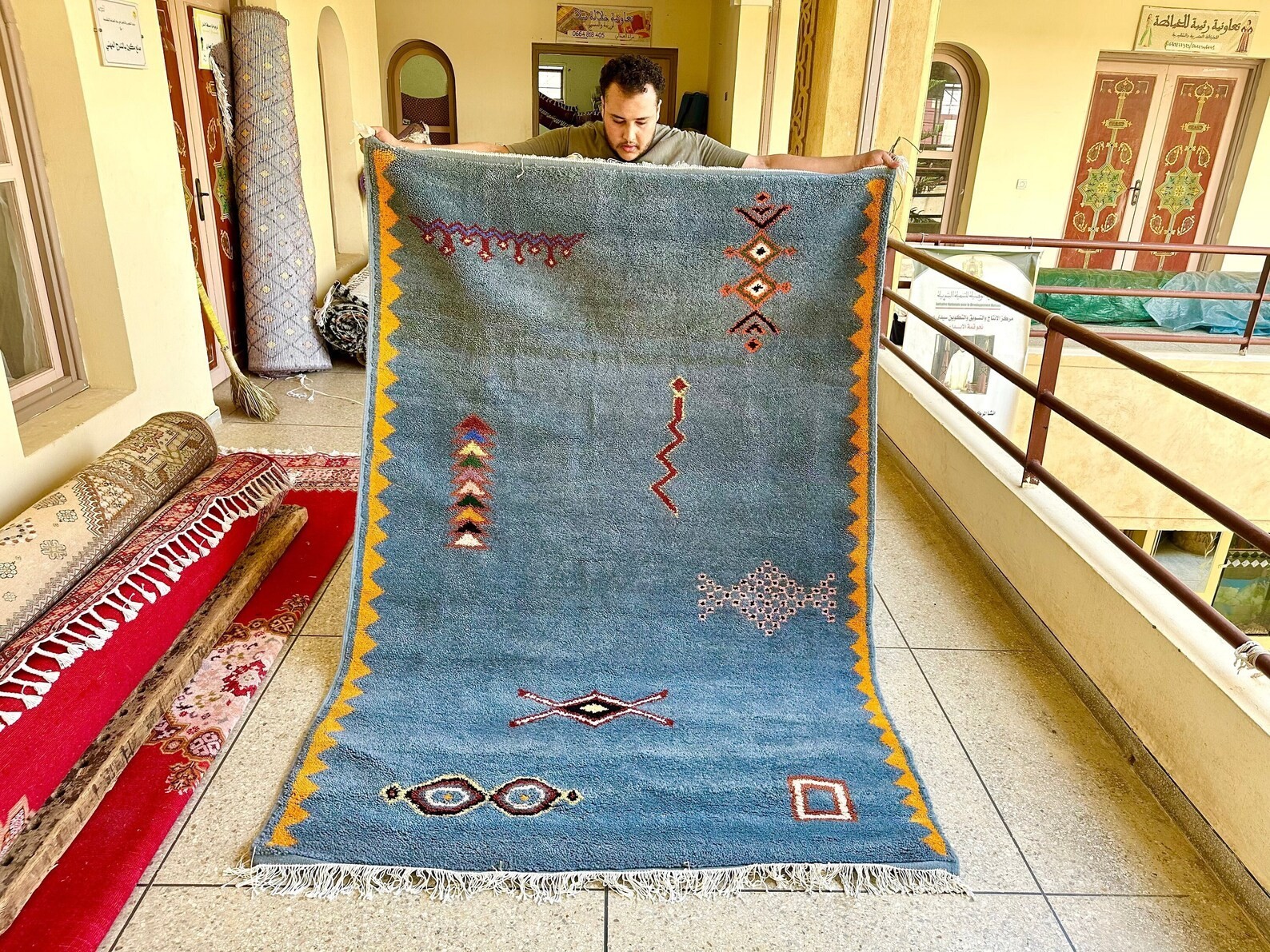 Handwoven Moroccan Berber Wool Rug Color Teal Blue and Yellow Design Carpet Rug