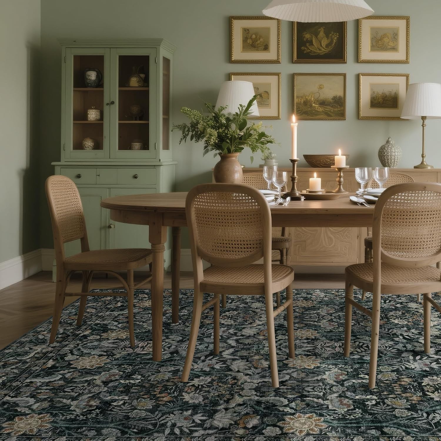 Vintage Floral Area Rug 9×12: Soft Washable Green Carpet Living Room | Oriental