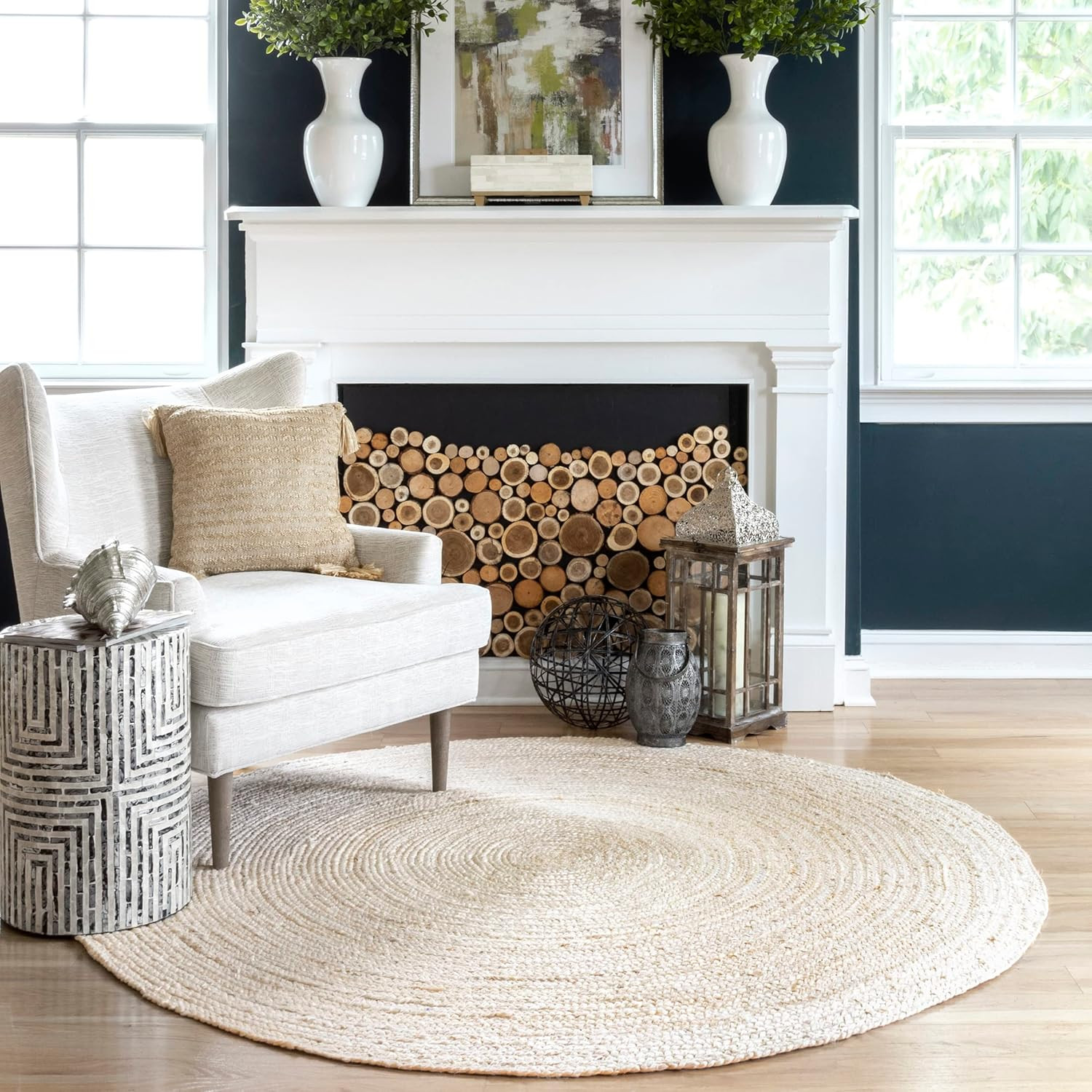 4 round Rigo Jute Hand Woven Area Rug, off White, Solid Farmhouse Design, Natura