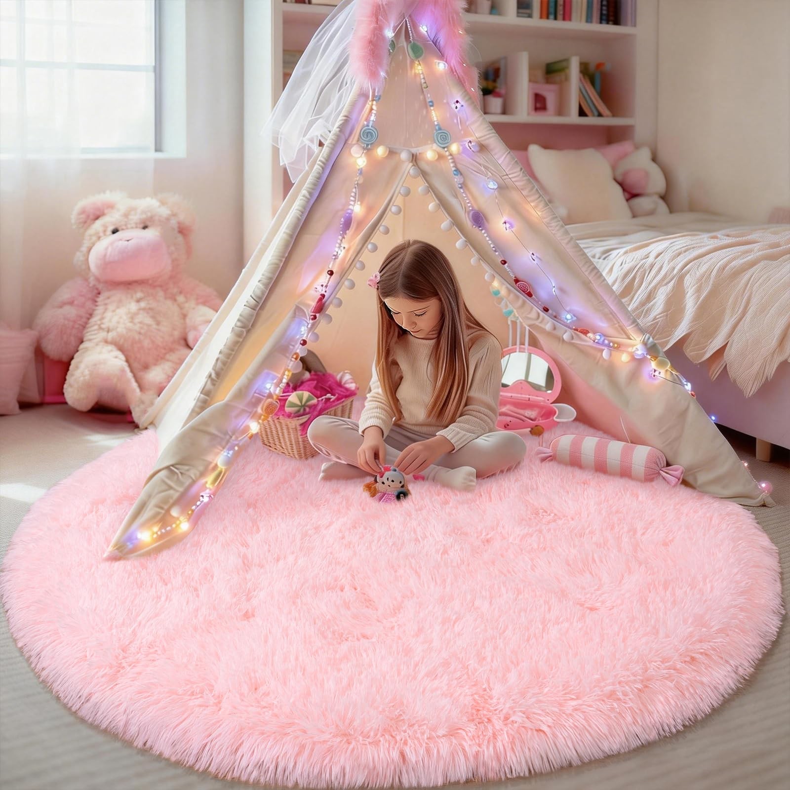 4ft Pink Round Shag Rug for Girls Bedroom, Washable Non-Slip