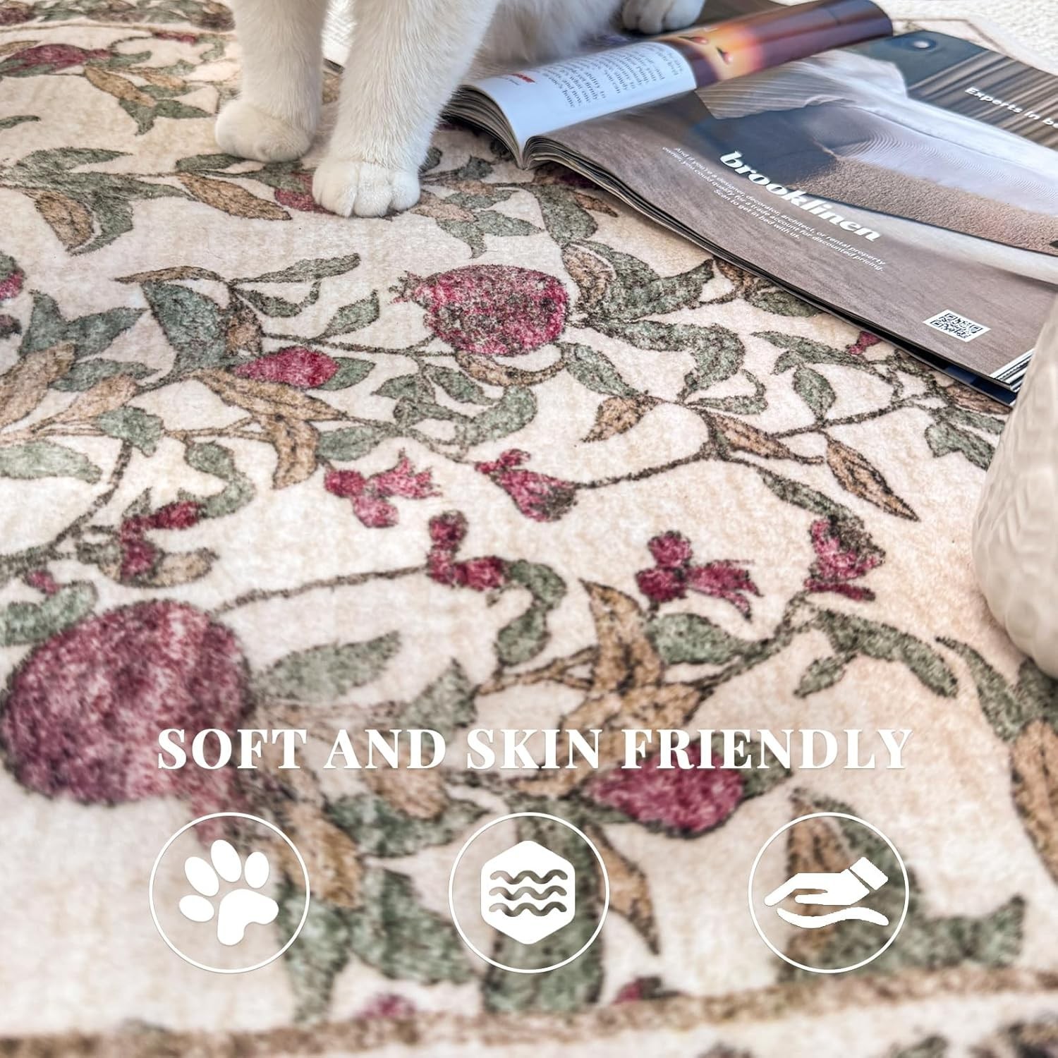 Floral Round Rug 8ft Area Rug Washable Vintage Summer Soft Non-Slip