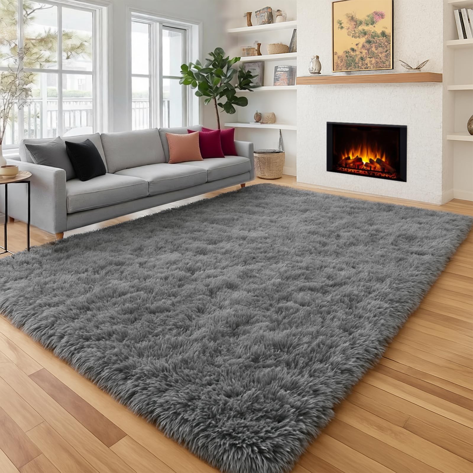 PAGISOFE Grey Fluffy Rugs for Bedroom 4×6 Area 4′ x 6′ (Rectangular), 2-