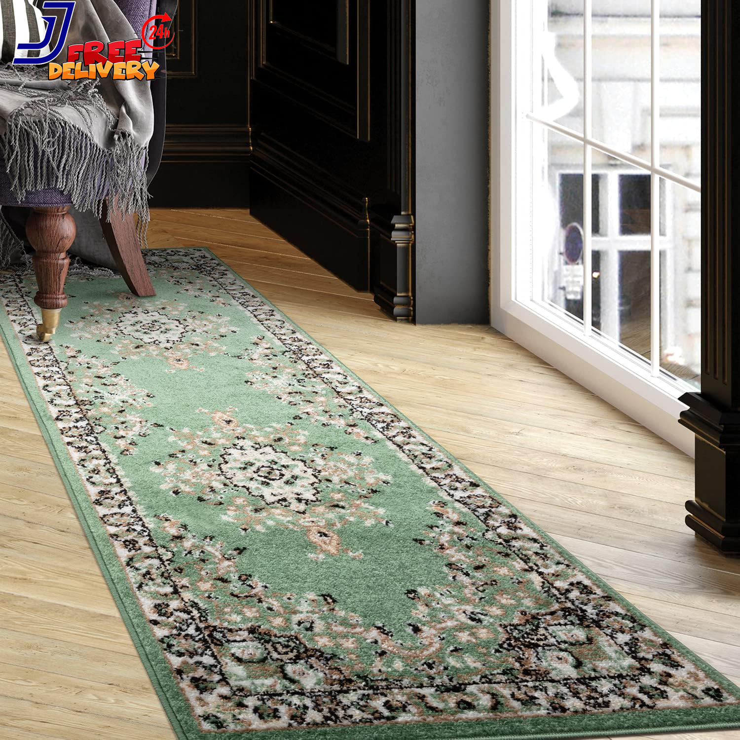 Oriental 2X7 Traditional Medallion Indoor Runner Rug Siesta Green Beige 2′ X 7′